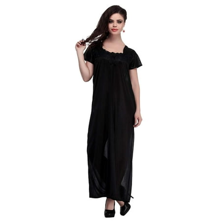 

Miss Pixy Women s Solid Black Nighty Satin Cozy Sleepwear Dress