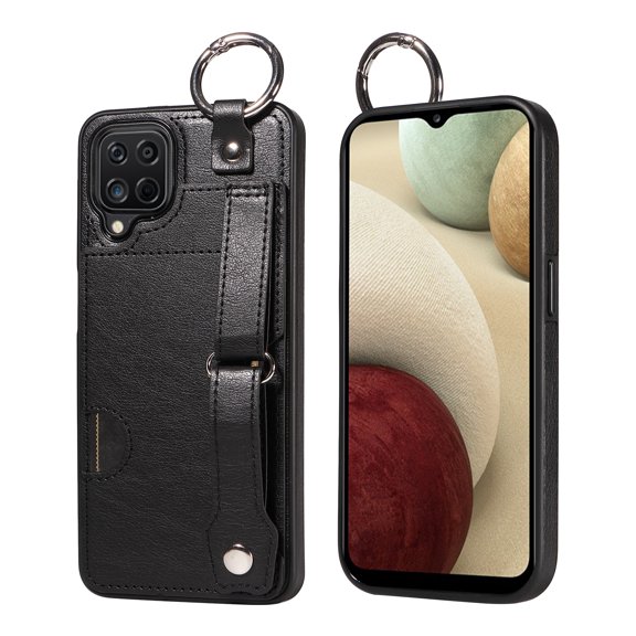 Allytech Wallet Case for Samsung Galaxy A12, [Card Slot] [Ring Buckle] [Adjustable Wristband with Snap Buckles] Premium PU Leather Kickstand Shockproof Case Cover for Women Men - Black