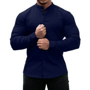 Wotryit Mens Shirts Men Dress Shirts Slim Fit Stand-up Collar Long Sleeve Casual Button Down Shirt Navy XL