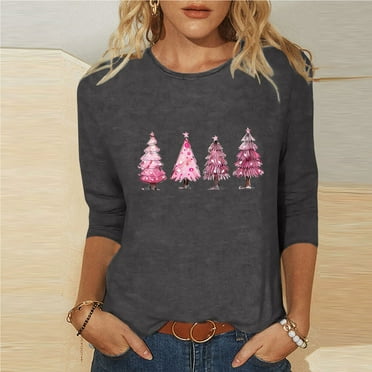 JURANMO Womens 3/4 Sleeve T Shirts Fashion Xmas Tree Print Crewneck Pullover Tees 2024 Trendy Fall Merry Christmas Holiday Tops Deals of the Day Gray S