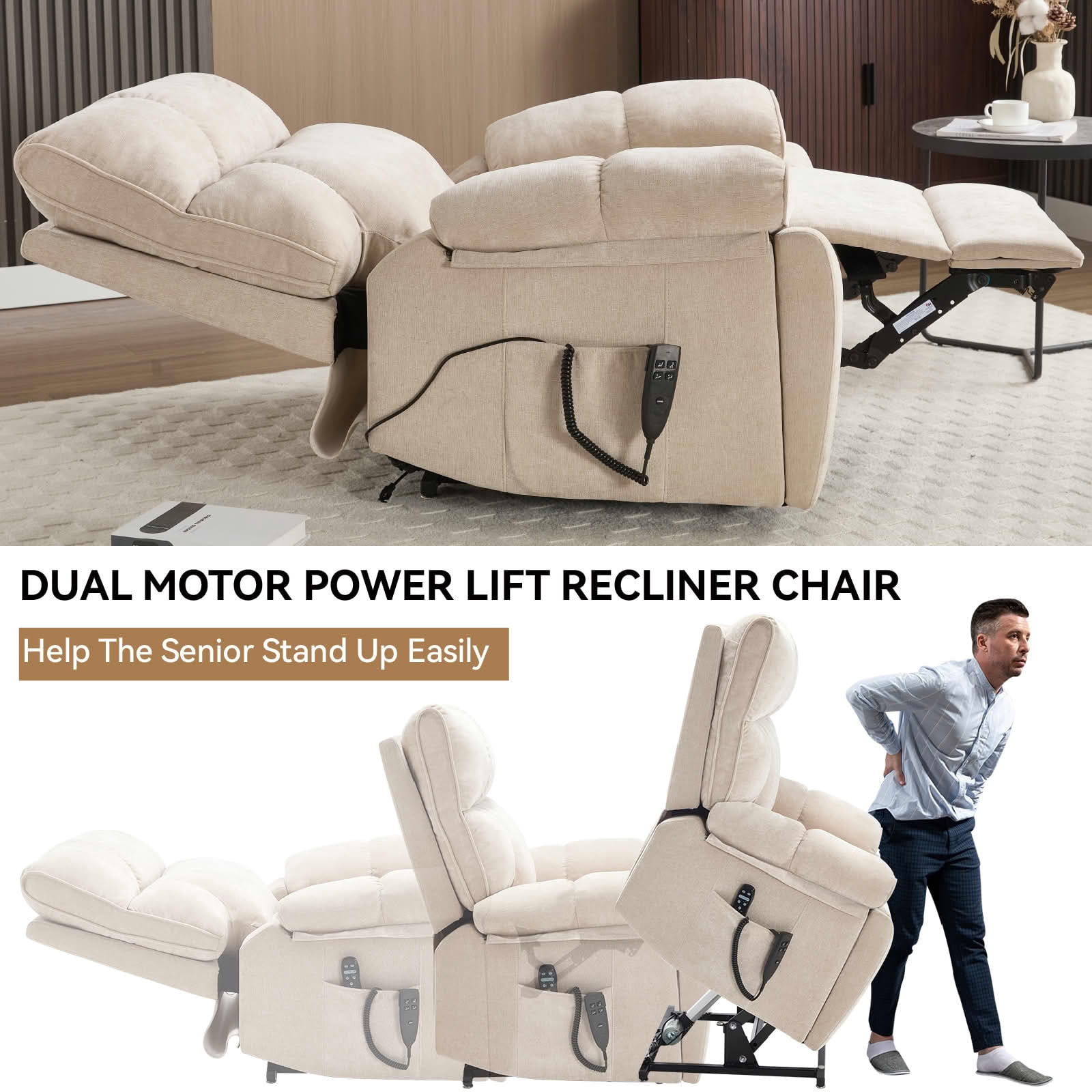 MAYEERTY Beige Dual Motor Power Lift Recliner, 350lbs Infinite Massage Heat Hidden Cup Holders Heavy Duty for Elderly 41"x37"x42"