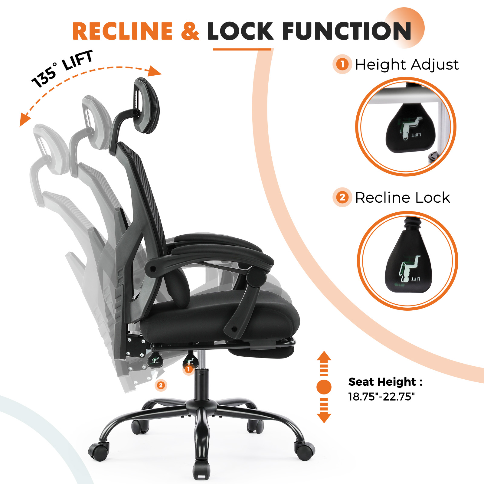 CONCETTA Ergonomic Mesh Office Chair, High Back Swivel Chairs with Adjustable Lumbar Support, Headrest, Footrest, and Armrests, Black