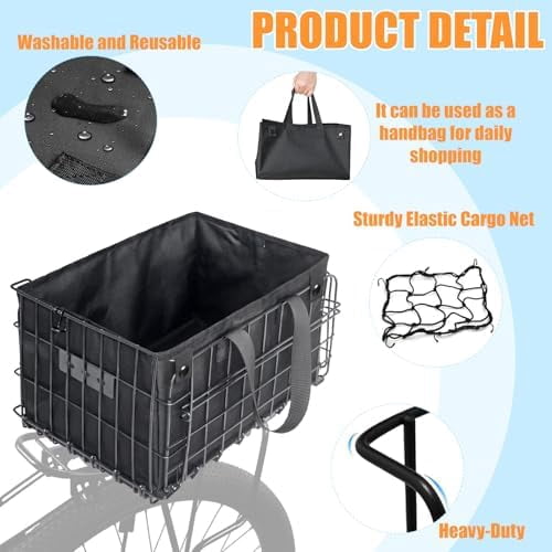 Universal Folding Bike Basket with PU Liner Bag – Waterproof Cover &  Net | Front/Rear Mount Bicycle Basket for Adults – Rear Bike Basket for Groceries, Pets, and More