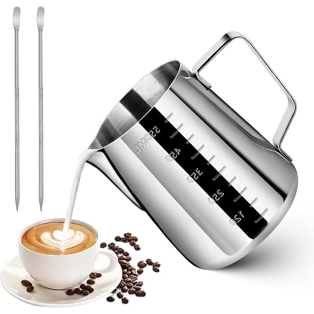 Jarra de Leche para Espumar de Acero Inoxidable, 600ml/20oz medible Jarra de Leche con Barista Pen, Jarra para Espumar Leche Espresso para Máquina de Café Espresso, Espumador de Leche