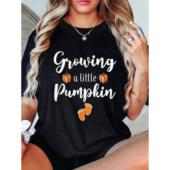 'Growing A Little Pumpkin' Thanksgiving Pregnancy Announcement Tee - Casual Round Neck Short Sleeve With Playful Graphic Design For Men & Women, , Machine Washable, Casual Wear| Festive Tshirt| Comfo