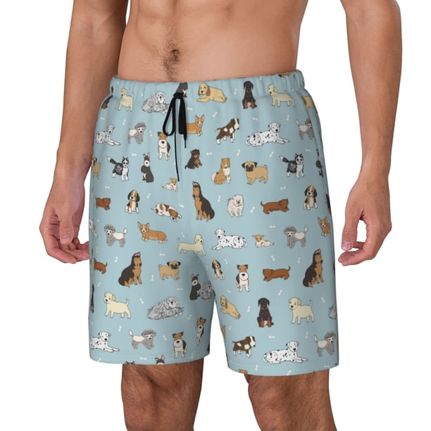 Balery Cartoon Doodle Puppy Bañador para hombre, shorts de playa de secado rápido con entrepierna y forro de compresión-Large