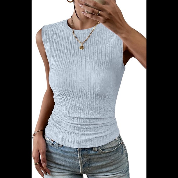Top Informal de Verano de Punto Acanalado con Cuello Redondo, Corte Entallado, Básico, Texturizado, Sin Mangas, Azul , L