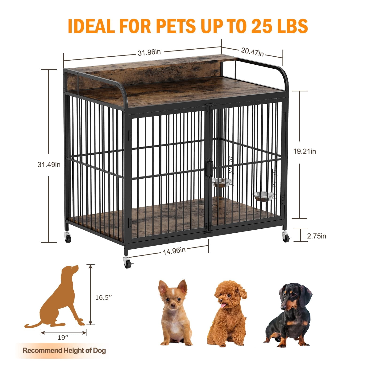 Yeshouse Portable Dog Crate Furniture - Movable Wooden Dog Kennel with Adjustable Feeder and Side Table Function