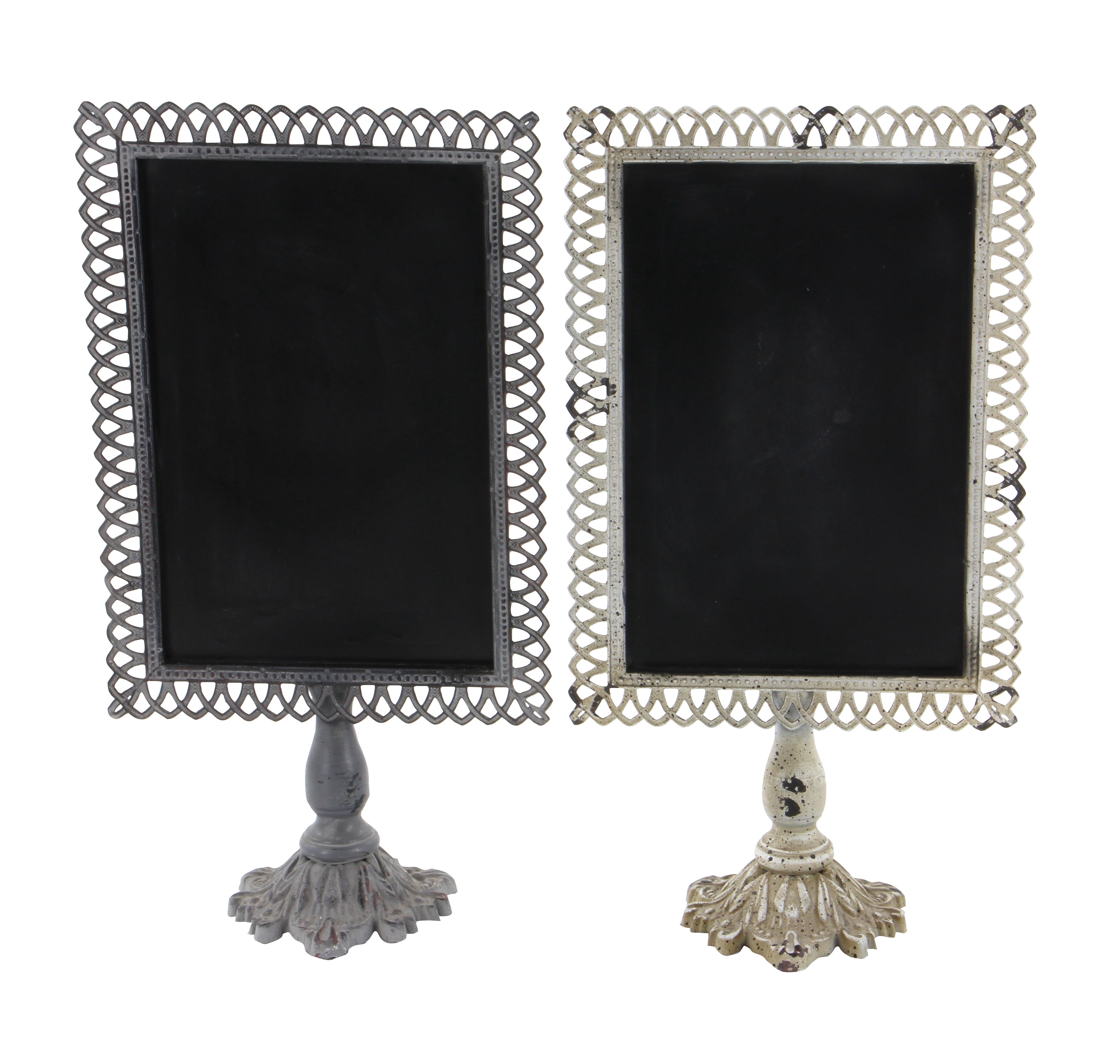DecMode Set of 2 farmhouse 20 x 10 inch iron and black wood trellis design chalkboards with stand