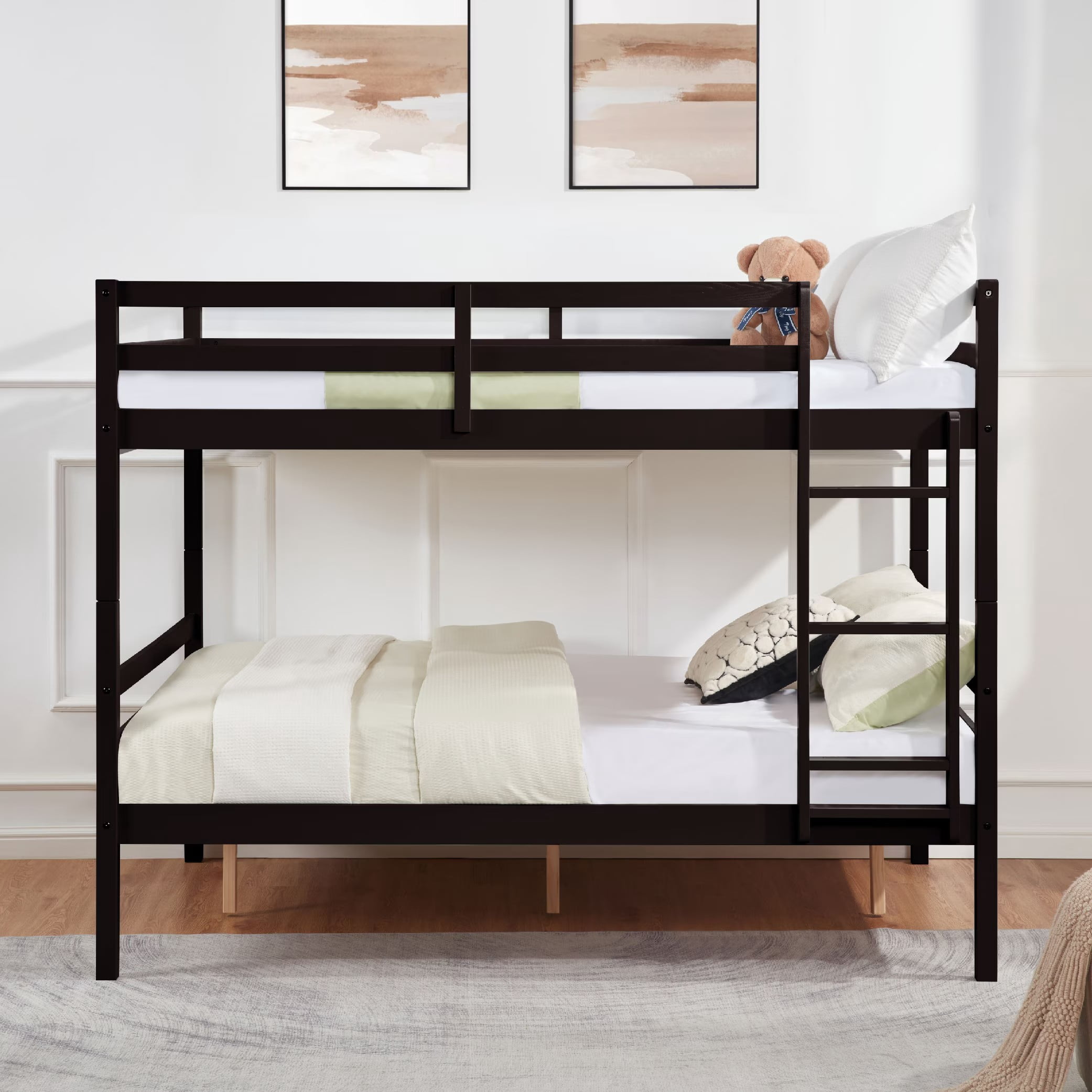 Full Over Full Bunk Bed, Solid Wood Bunk Bed Frame with High Guardrails and Ladder, Heavy Duty Wooden Slats, No Box Spring Needed for Kids, Teens, Guest Room, Espresso