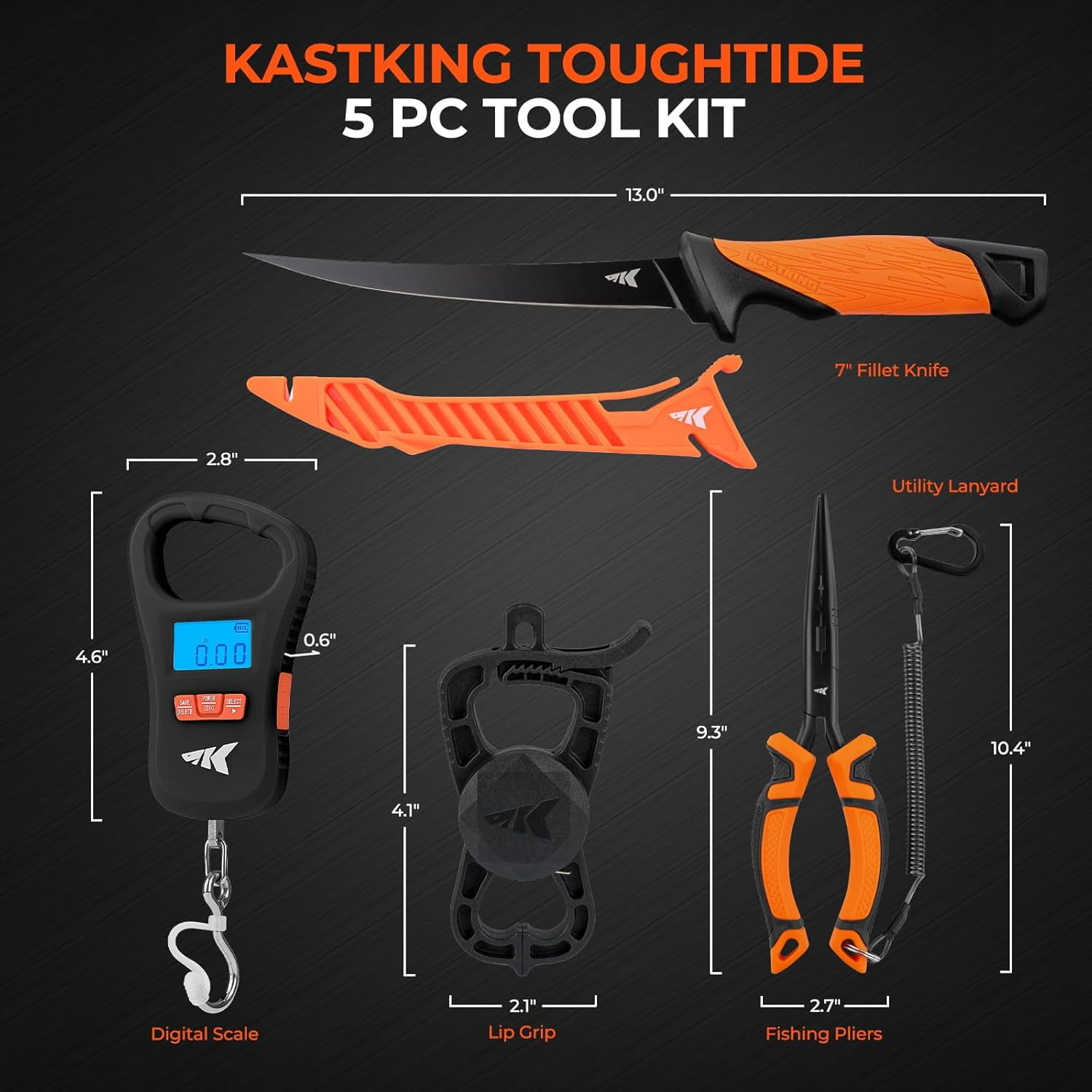KastKing 5Pc Fishing Tool Kit with Digital Fish Scale, Lip Gripper & Tape Measure, 7" Fillet Knife and 8" Split Ring Pliers ToughTide