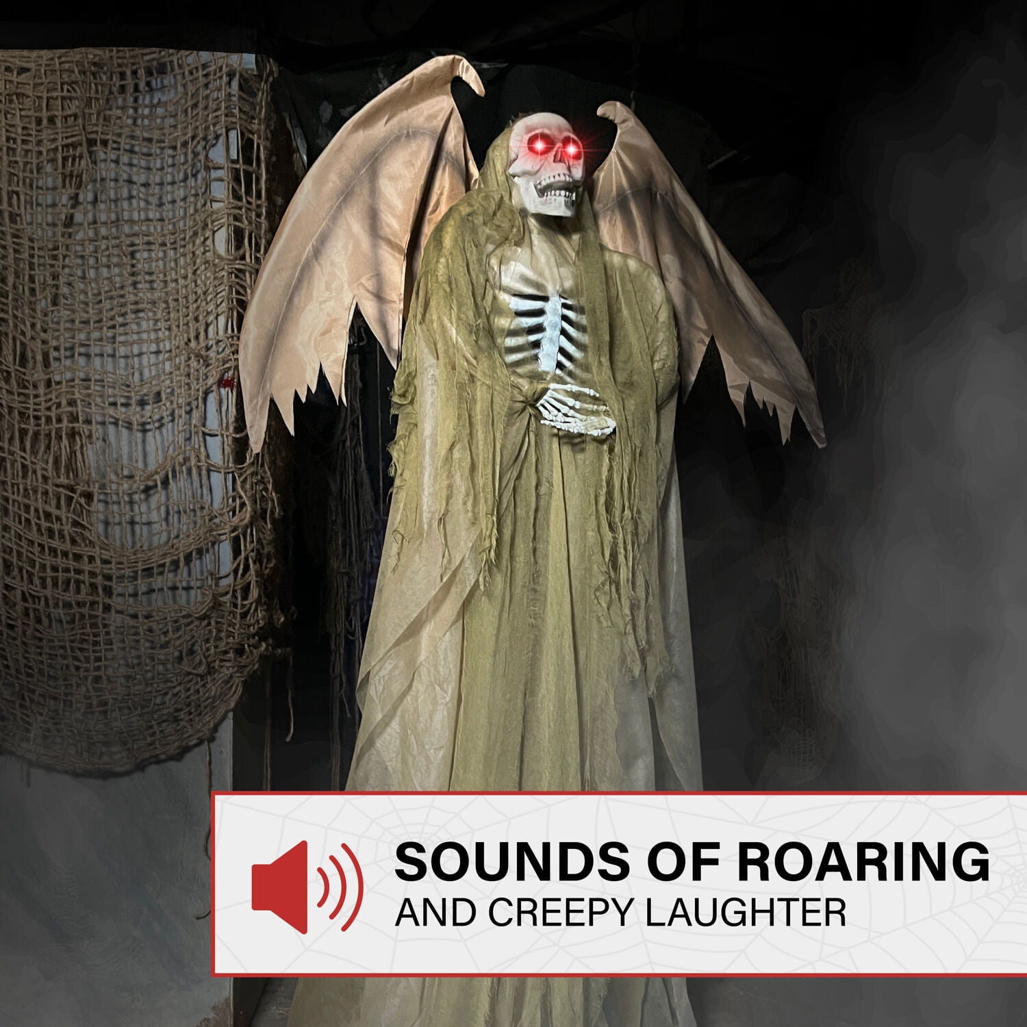 Haunted Hill Farm 5.5 ft Life-size Animatronic Reaper with Wings, Halloween Decoration, HHWINGSKEL-4FLSA