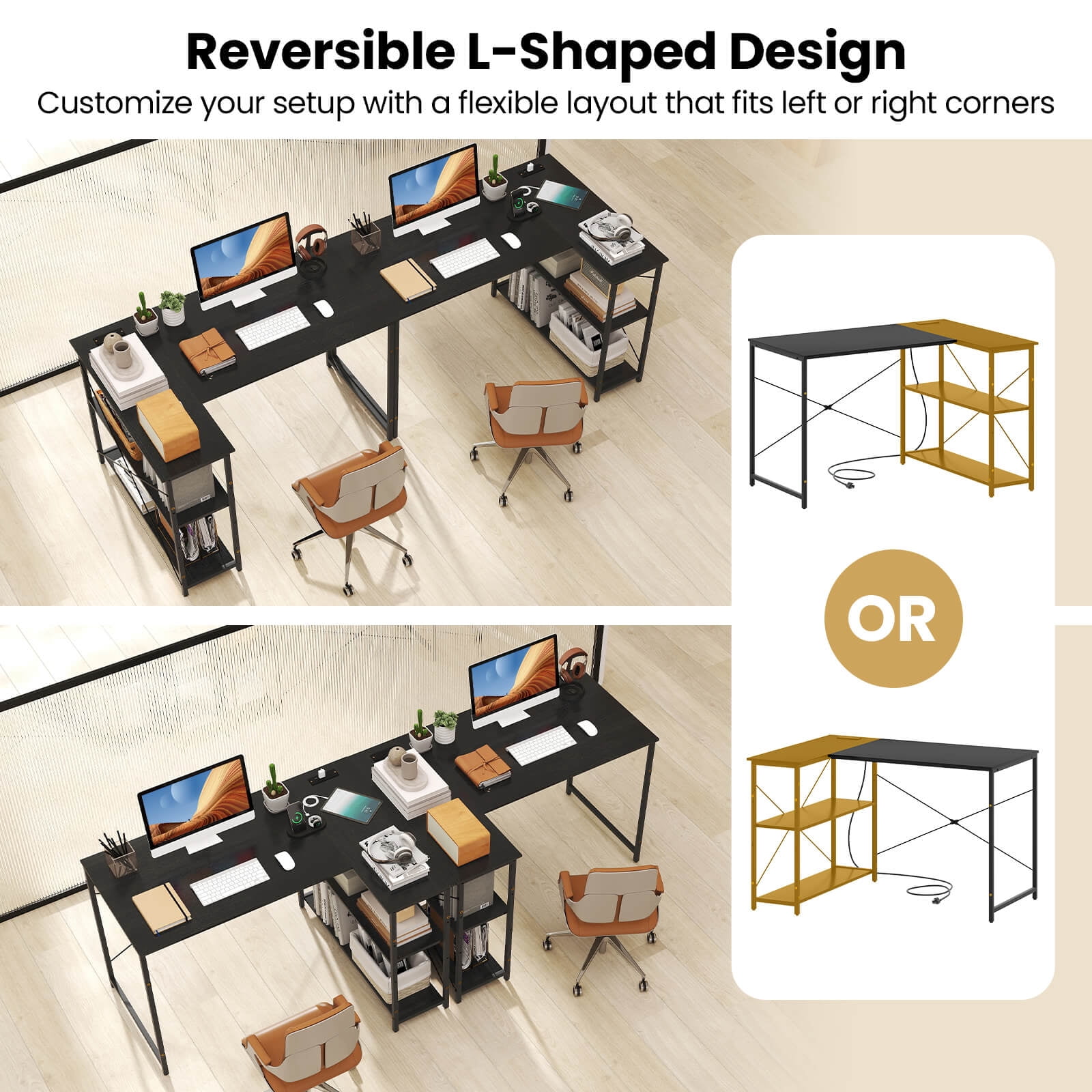 Costway L-Shaped Computer Desk with Power Outlets Adjustable shelf Heavy-Duty Metal Frame Black