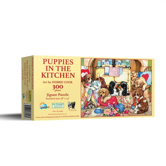 SUNSOUT INC - Puppies in the Kitchen - 300 pc Jigsaw Puzzle by Artist: Debbie Cook - Finished Size 18" x 24" - MPN# 36456