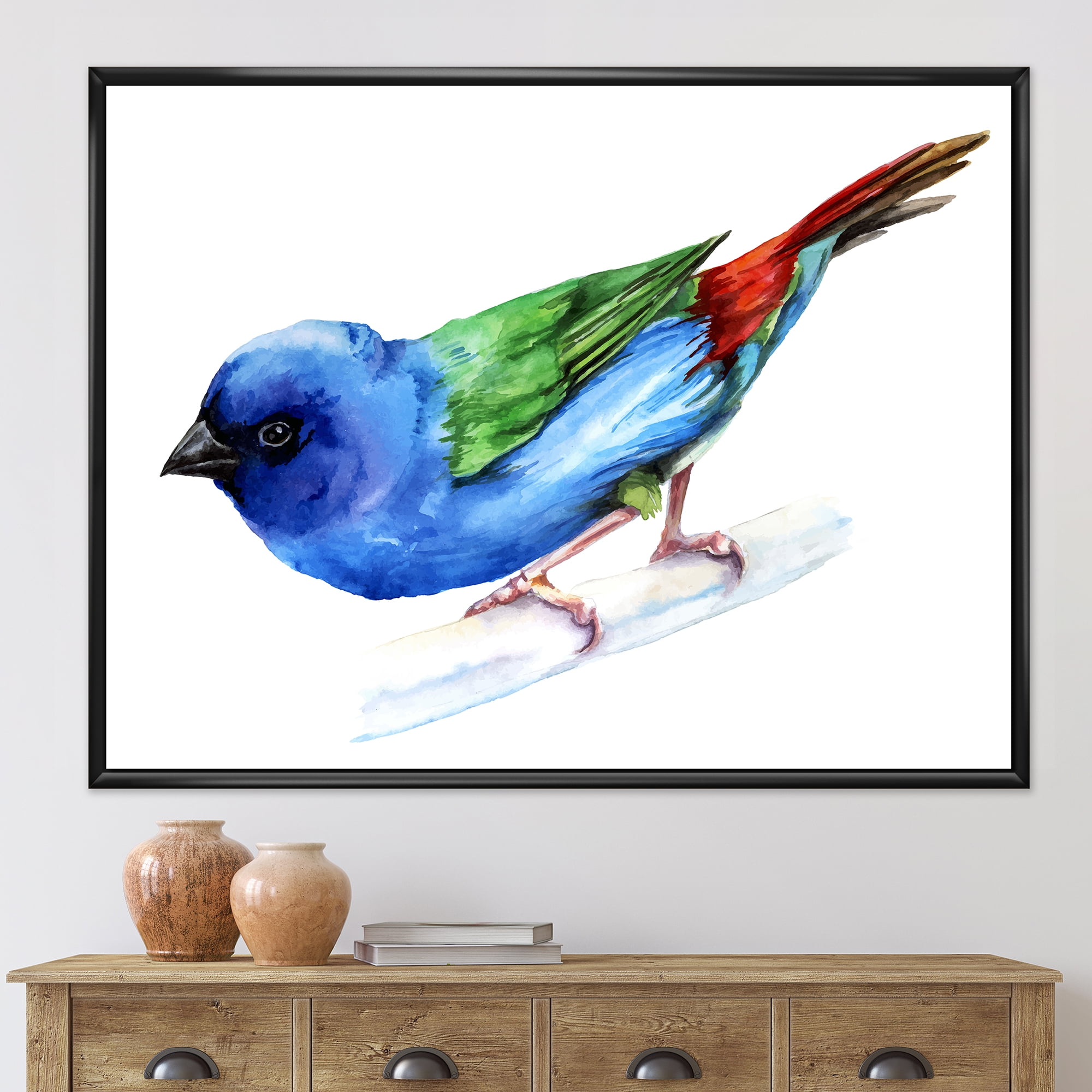 Forbes Finch Bird On Branch 32 in x 16 in Framed Painting Canvas Art Print, by Designart