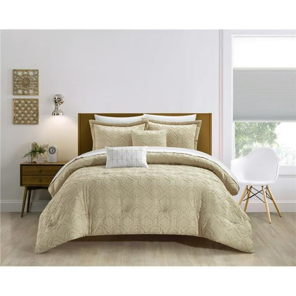 Chic Home BCS32508-US Janai Clip Jacquard Geometric Quatrefoil Pattern Design Bedding Comforter Set&#44; Beige - King Size - 5 Piece