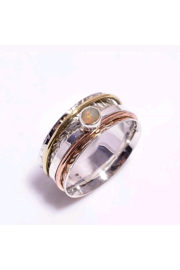 - Fire Opal Spinner Ring | 925 Sterling Silver Adjustable Band With Calming Copper Brass Accents