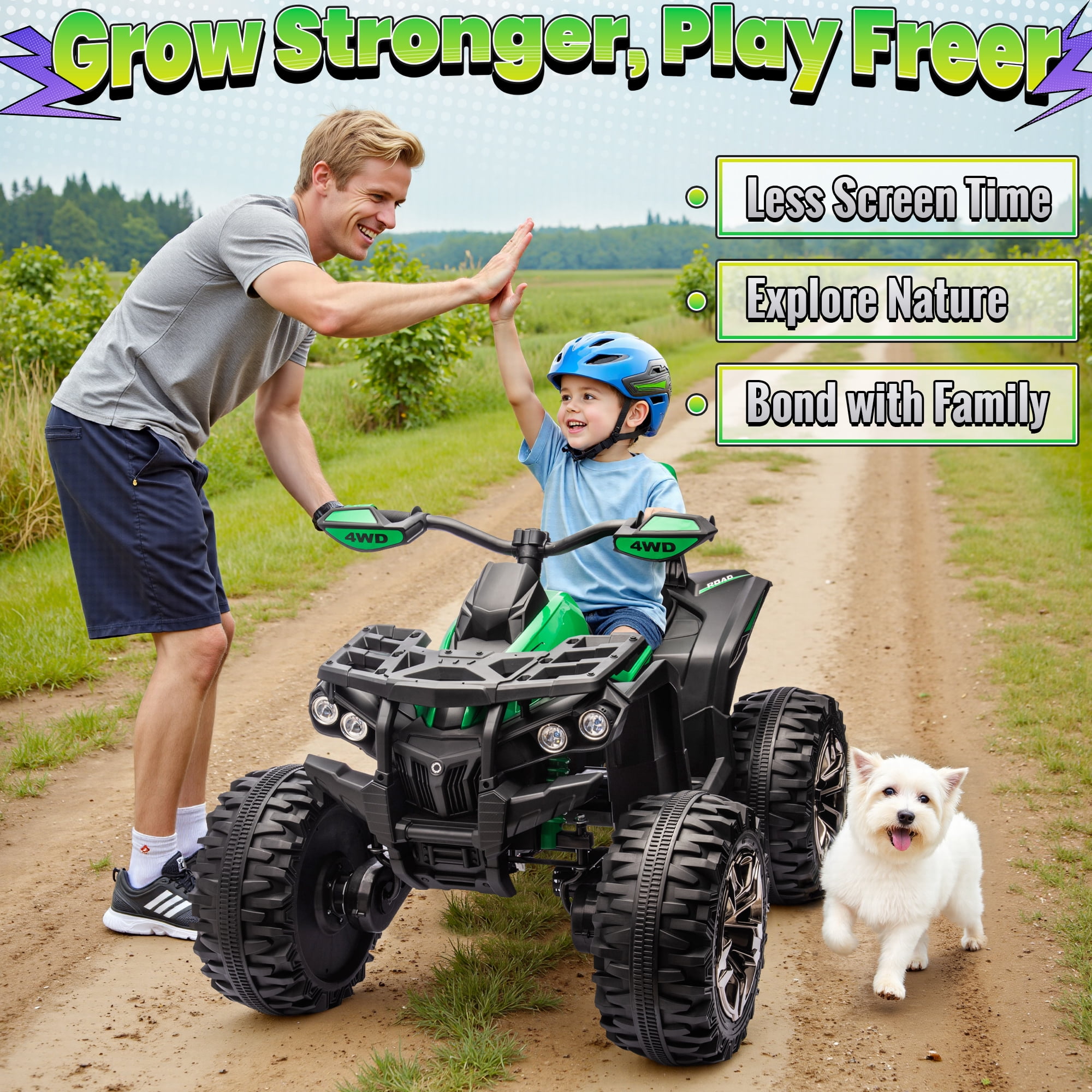 4WD 24 Volt Ride on Toys with Remote, Joyracer 4 Wheeler for Kids, Power Car Wheels, Toy Gift with Bluetooth Music, Horn, LED for Big Kids, Green
