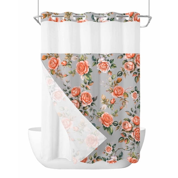 No Hook Cloth Fabric Shower Curtain with Snap in Liner, Red Rose Waterproof Shower Curtains Set with See Through Top Window, Farmhouse Romantic Botanical Floral Vines Bath Curtains Shower 72"x84"
