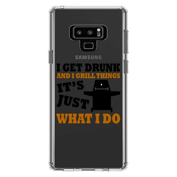 DistinctInk Clear Shockproof Hybrid Case for Samsung Galaxy Note 9 - TPU Bumper Acrylic Back Tempered Glass Screen Protector - I Get Drunk & Grill Things