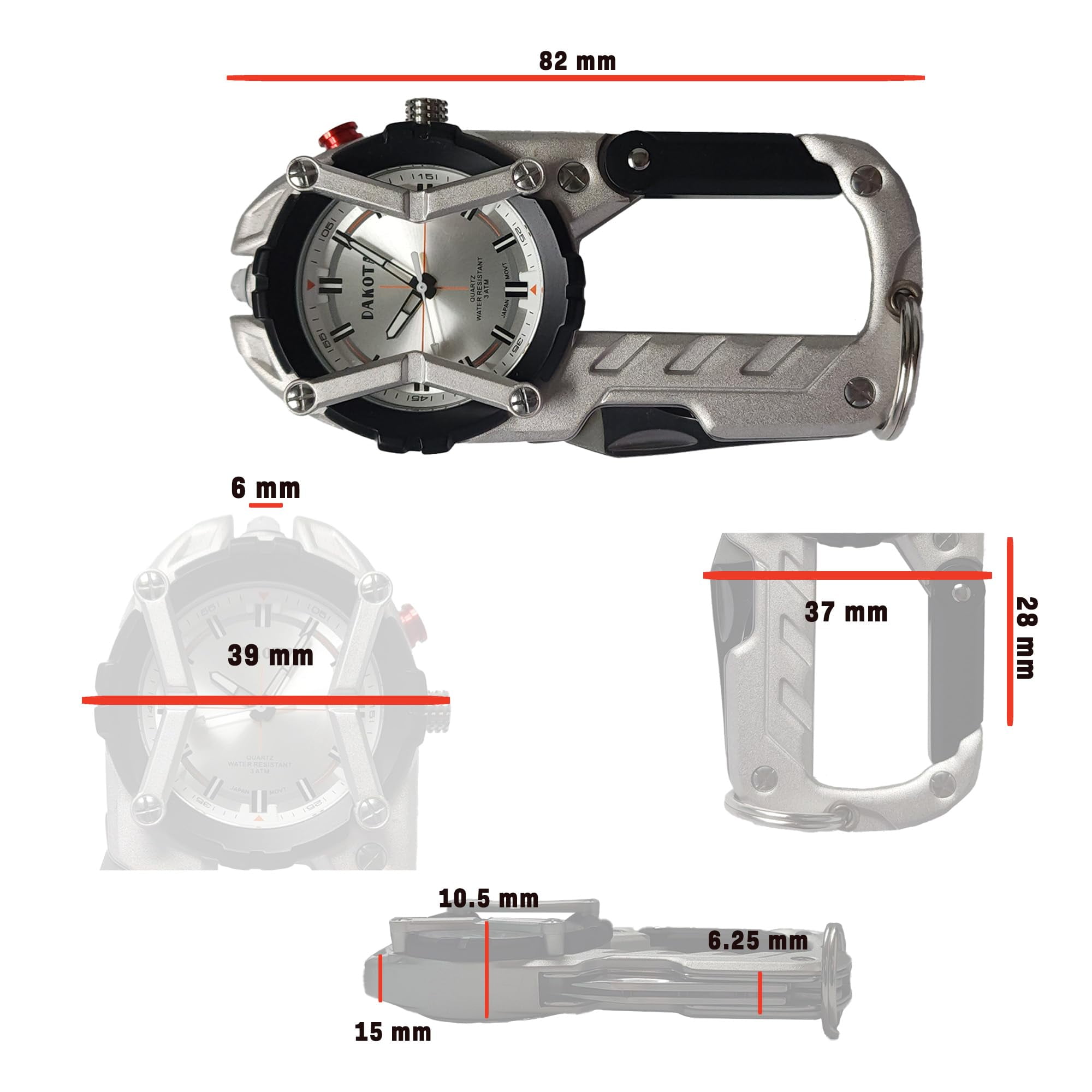 Multitool Clip Watch for Men – Silver | 100ft Water Resistant Clip-On Watch with LED Light, Bottle Opener, Screwdriver & Carabiner – Stainless Steel Outdoor Work & Camping Tool