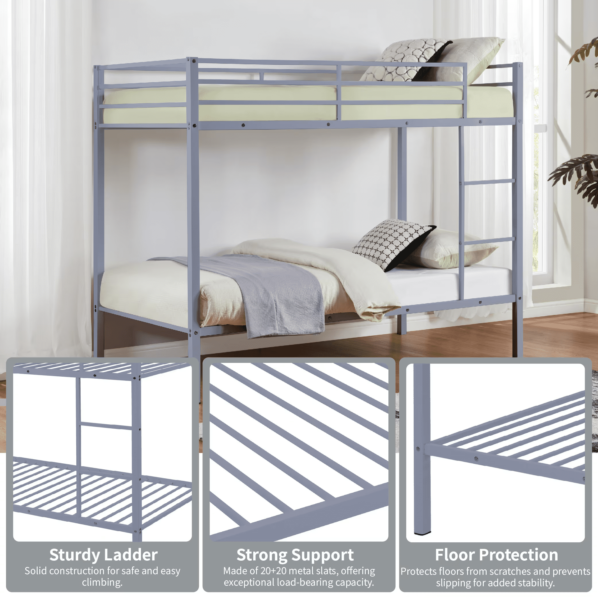 MAYEERTY Twin Size Metal Bunk Bed, Low Profile Bed Frame with Built-in Ladder, High Guardrail, Space-Saving for Kids, No Box Spring Required, Gray