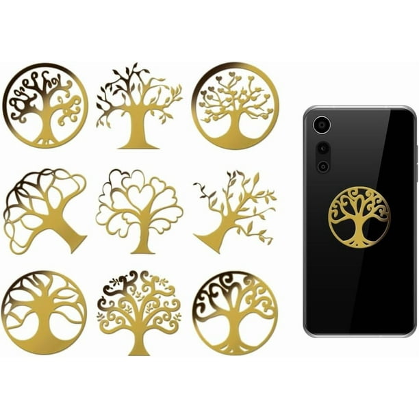 9 pegatinas metálicas doradas de 1,6 x 1,6 pulgadas, con diseño de árbol de la vida, autoadhesivas, de epoxi y con temática simple, con forma de pirámide.