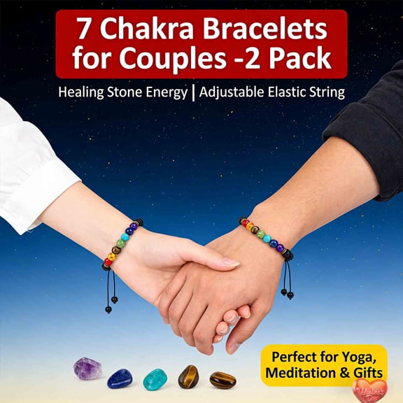 HCUSIHFEW 7 Chakra Bracelets for Couples - 2 Pack Healing Stone Energy Bracelets for Women & Men, Adjustable Elastic String for Yoga, Meditation & Gifts