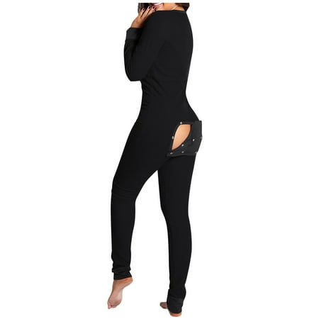 

SoighxzcBack Front Functional Buttoned Flap Jumpsuit Women s Pajamas One Piece Sleepwear Casual Comfy Rompers Floral Printed 3X Large Black