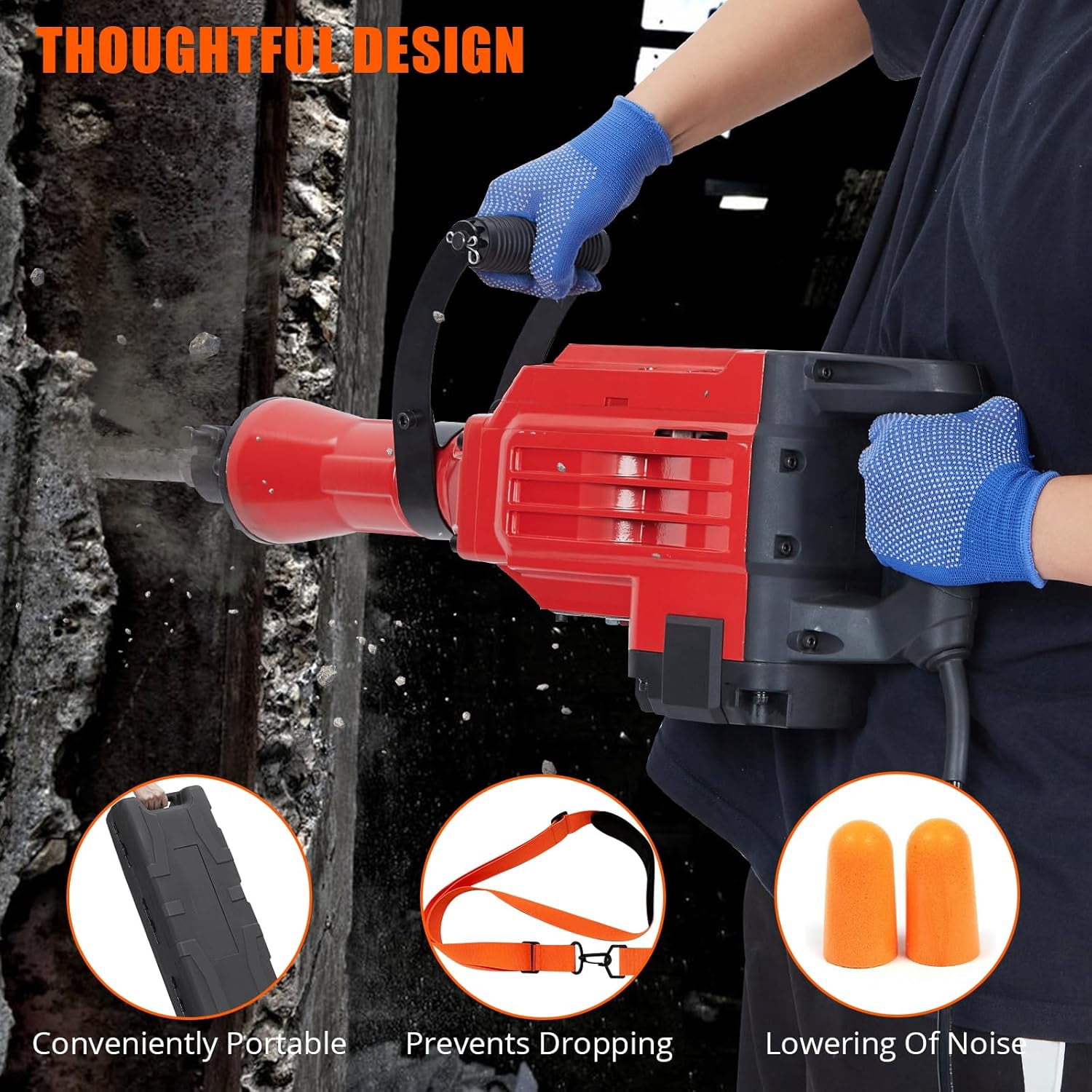 Demolition Hammer 3600W, 1800 Bpm Concrete Breaker, 4pcs Bits, Noise-Reducing Earplugs, Ergonomic Shoulder Strap, and Durable Carrying Case