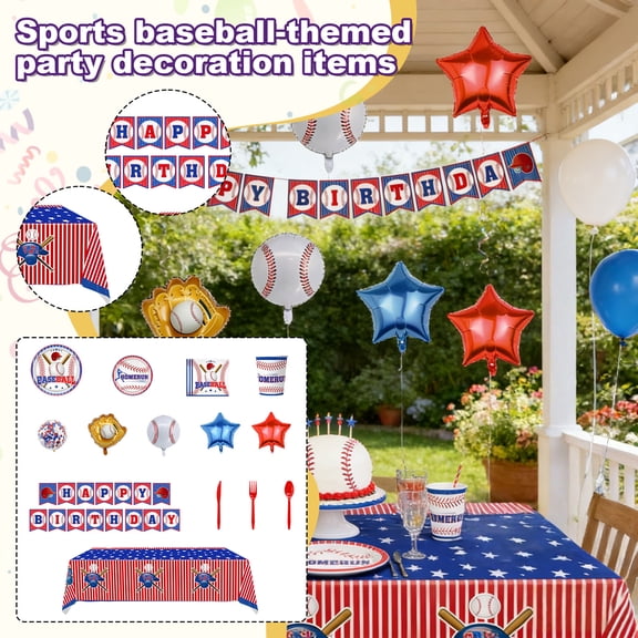 Sports Ball Baseball-themed Party Decorations, Birthday Party Paper Plates Paper Cups Banner Decorations for Kids and Adults, Baseball Fan Party Supplies