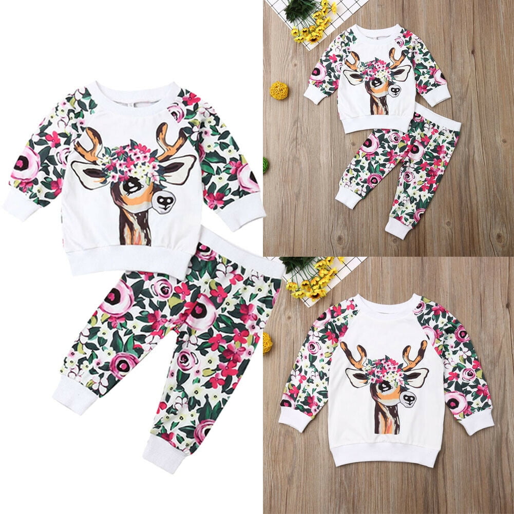 Baby Girl Kids Sweatshirt Tops Long Pants 2pcs Floral Deer Outfits Clothes US