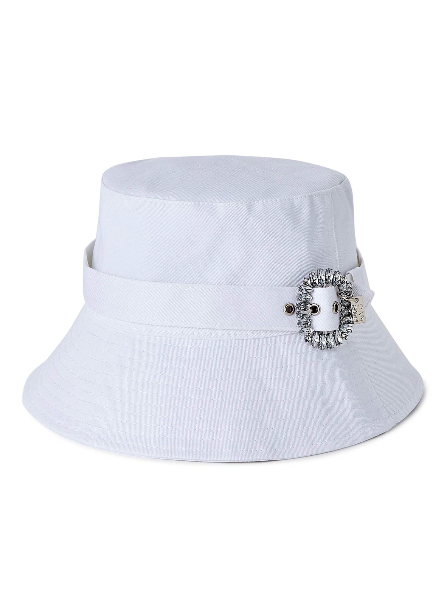 Madden NYC Women's Canvas Bucket Hat with Rhinestone Buckle, Size: One size, White