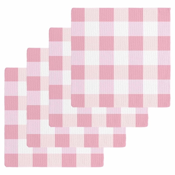 Pink Plaid Kitchen Dish Towels for Drying Dishes Set of 4, Spring Farmhouse Buffalo Checkered Waffle Weave Microfiber Hand Tea Bathroom Towels Quick Dry & Absorbent Towel 12x12