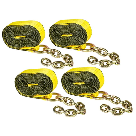(4 Pack) 2" x 21' Replacement Tie Down Strap w/ Chain Extension for 8-Point Tie Down Kits, 4000 lbs WLL