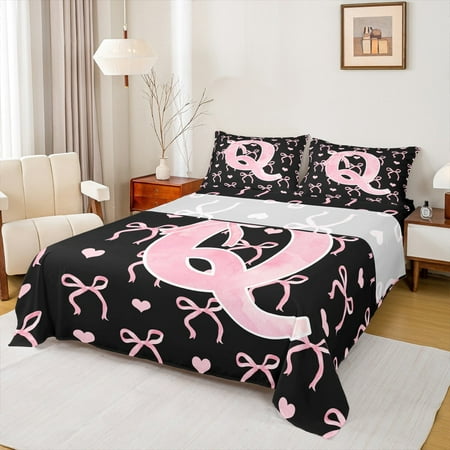 Feelyou Initial Letter Q Full Size Sheets Pink Princess Bed Sheets Cartoon Bow Sheet Sets Ultra Soft Room Decorative 4-Piece