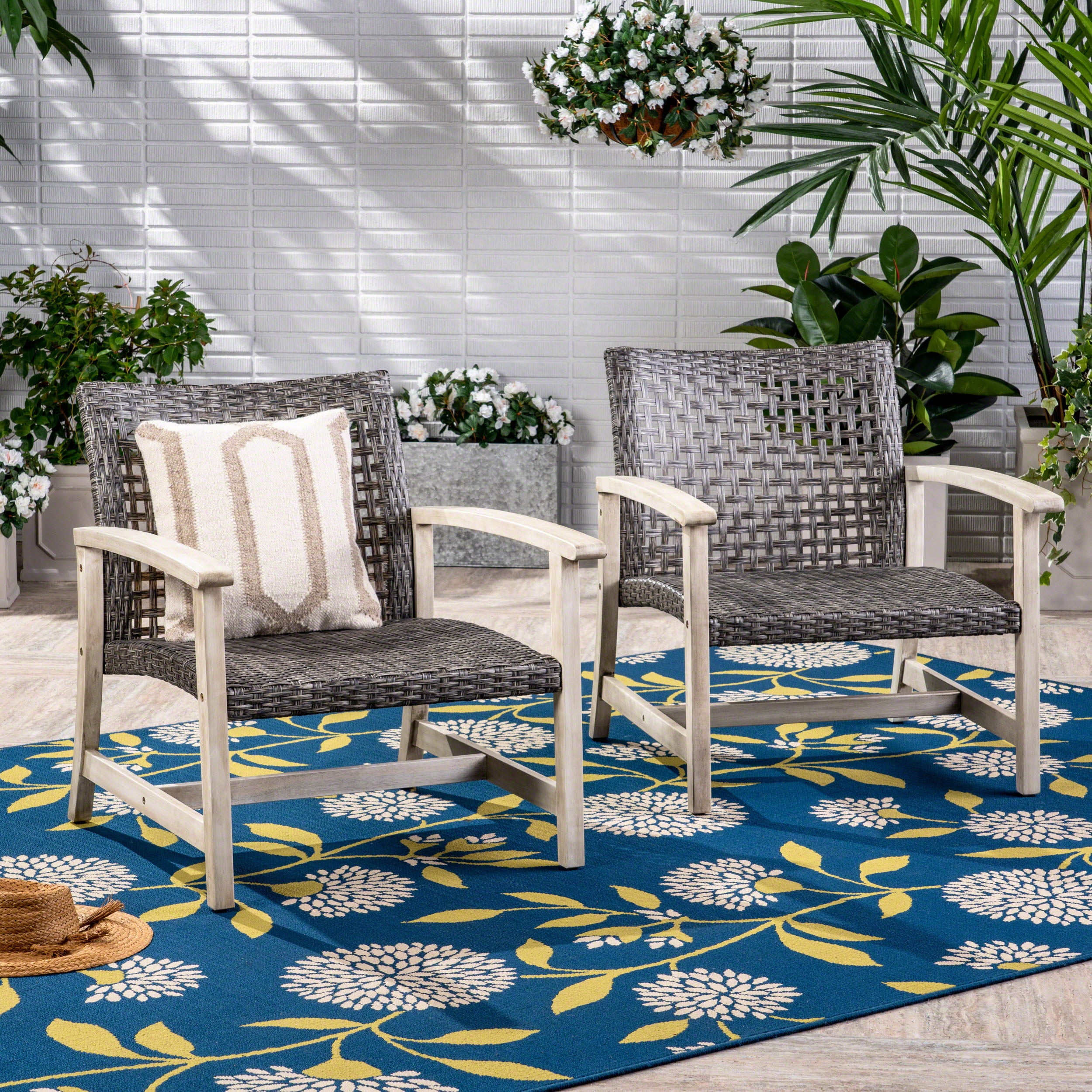 Outdoor Wood Woven Combined Club Chair Set of 2, Leisure Relax Seats for Patio Garden, Mixed Black and Light Gray Wash