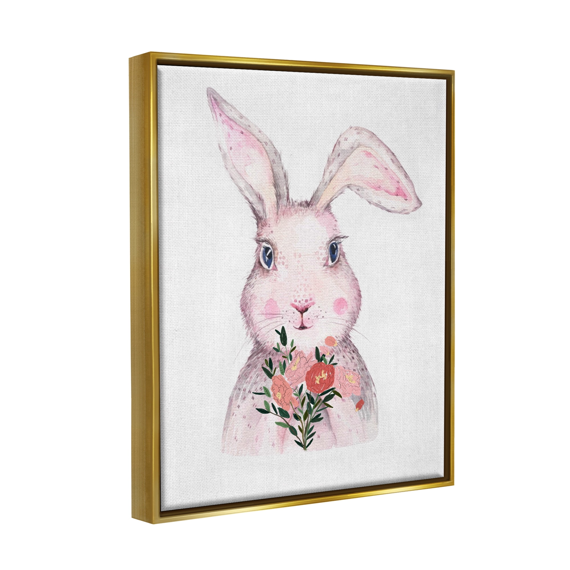 Stupell Industries Pink Bunny & Flowers Animals & Insects Painting Gold Floater Framed Canvas Art Print Wall Art, 17 x 21