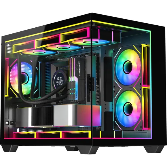 DIYPC IDX4-MicroATX-ARGB Black USB3.0/ Type C Tempered Glass Micro ATX Gaming Computer Case w/ Dual Tempered Glass Panel and 3 x ARGB PWM Fans (Pre-Installed). Integrated ARGB Light Strip