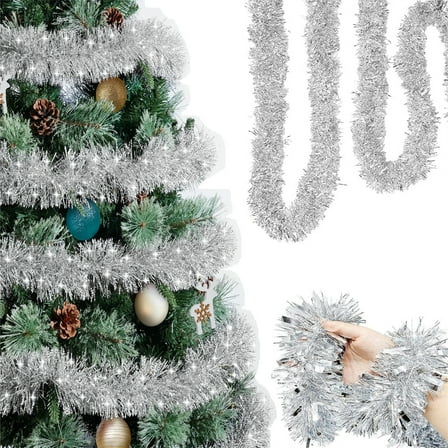 HYG 35 feet Christmas Tinsel Garland,Metallic Twist Hanging Wreath,Shiny Xmas Tree Decorations,for Holiday Party Home Decor (Silver,6 Pcs)