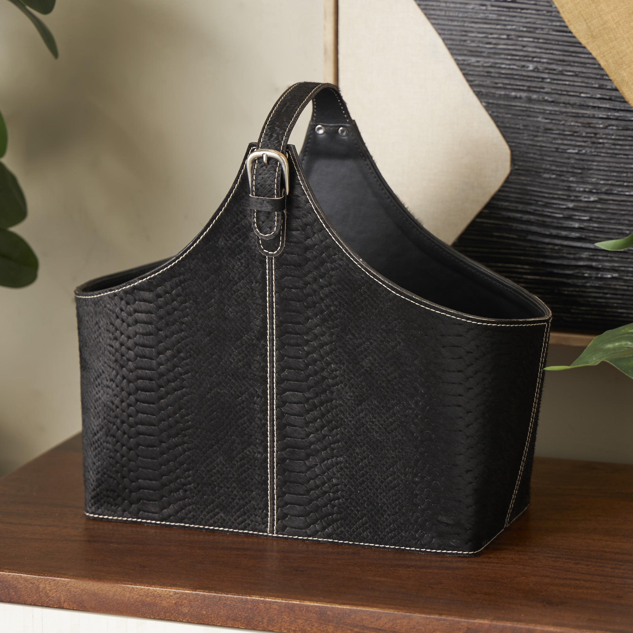 DecMode 15" Black Leather Handmade Box Style Magazine Holder with Detail Stitching and Curved Buckle Handles