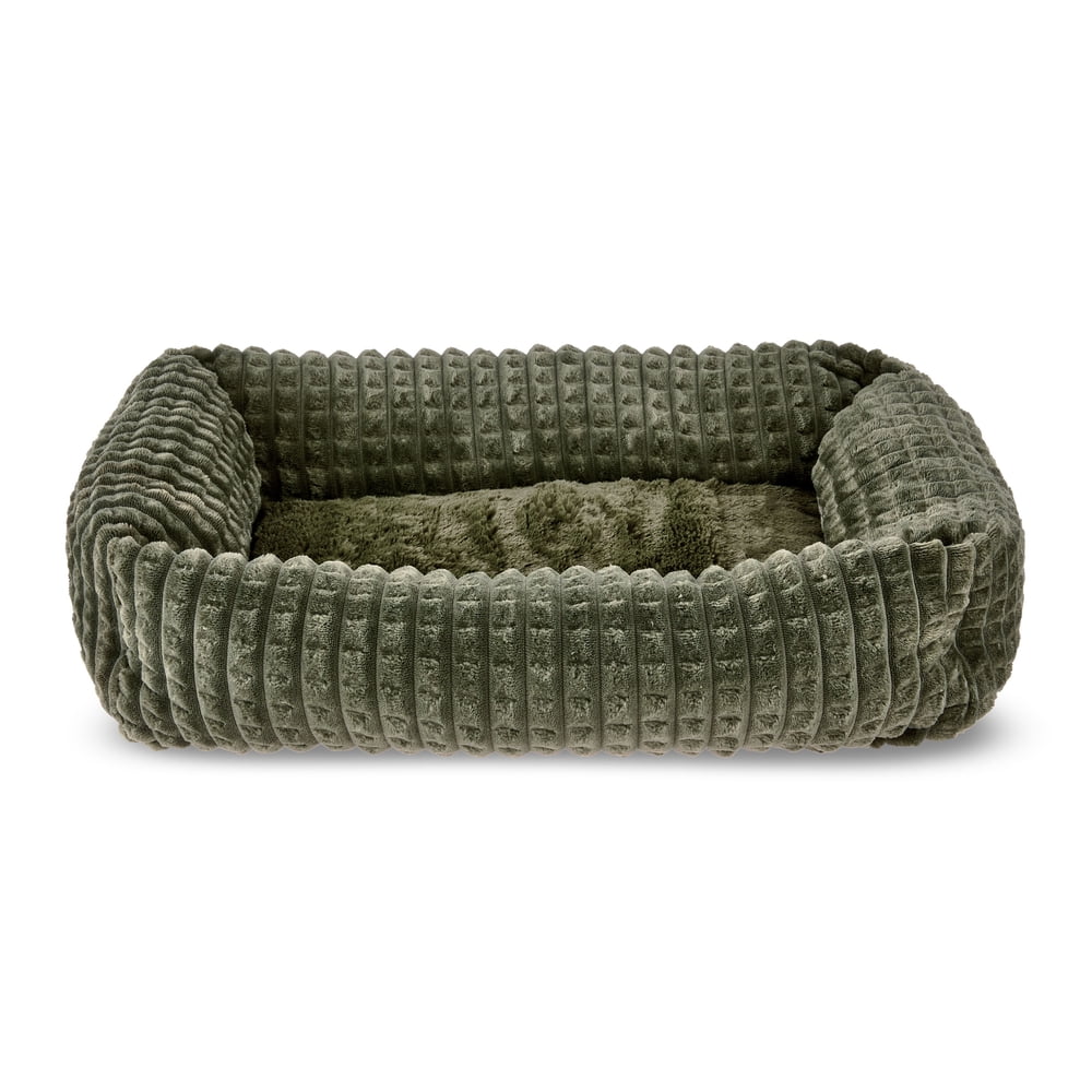 Vibrant Life Small Flannel Waffle Texture Bolster Cat or Dog Bed, Green, 17" x 21"