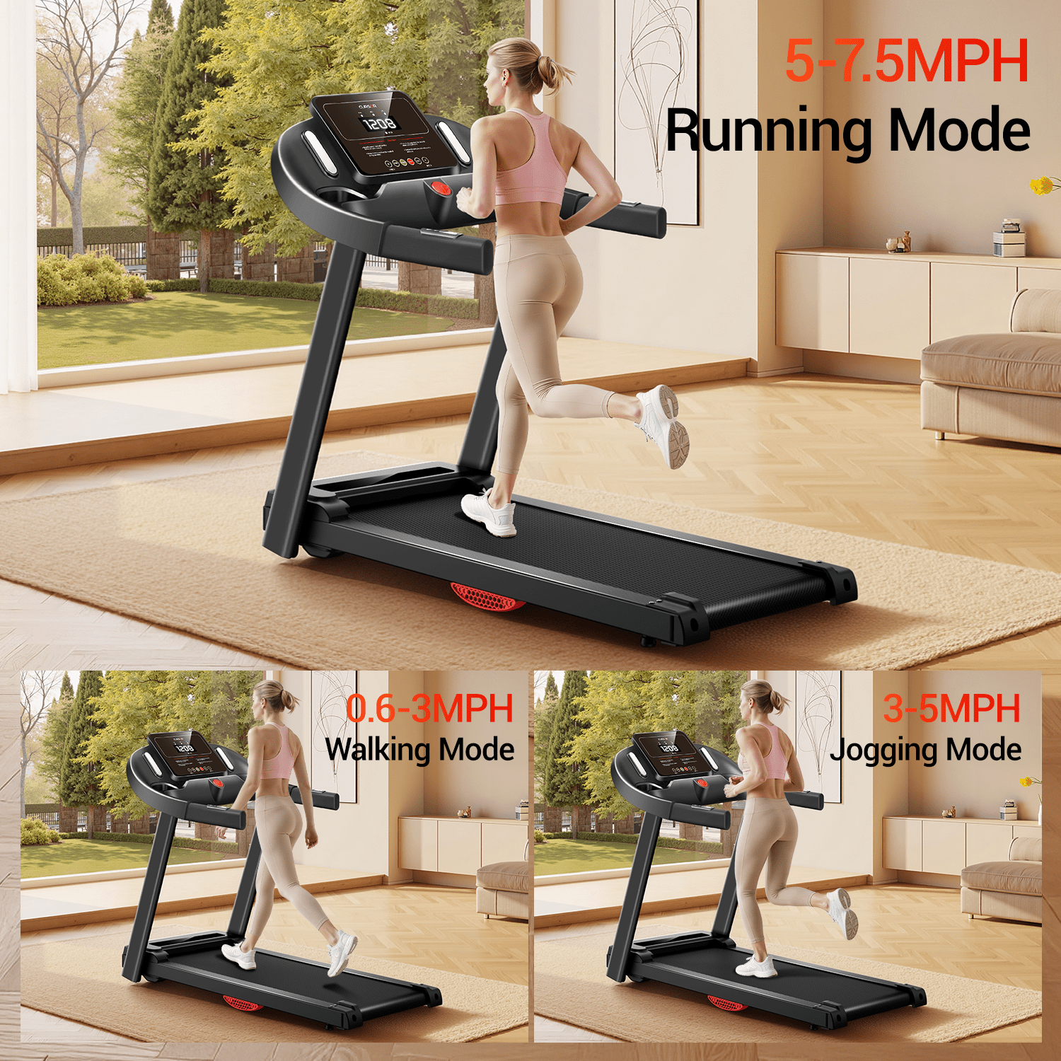 SONITU Portable Foldable Treadmill with Handle Bar, 265 lbs Capacity, LED Display for Home Office – Walking & Jogging Machine