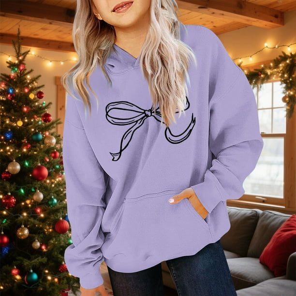 Cowsor Cute Hoodie for Teen Girls Trendy Bow Print Preppy Hooded Sweatshirts Kids Pullover Long Sleeve School Outfits