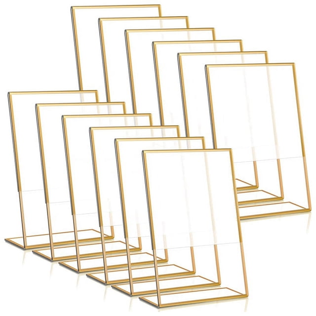 12PCS gold frame acrylic sign holders with a slanted design, suitable for 4x6 inch vertical displays. The set includes 12 clear holders with side openings for easy paper insertion. Made from high-strength, transparent acrylic with a stable slant-back base, these holders are ideal for displaying table numbers, menus, or promotional materials at weddings, restaurants, conferences, and other events. The gold frames add an elegant touch to any setting.