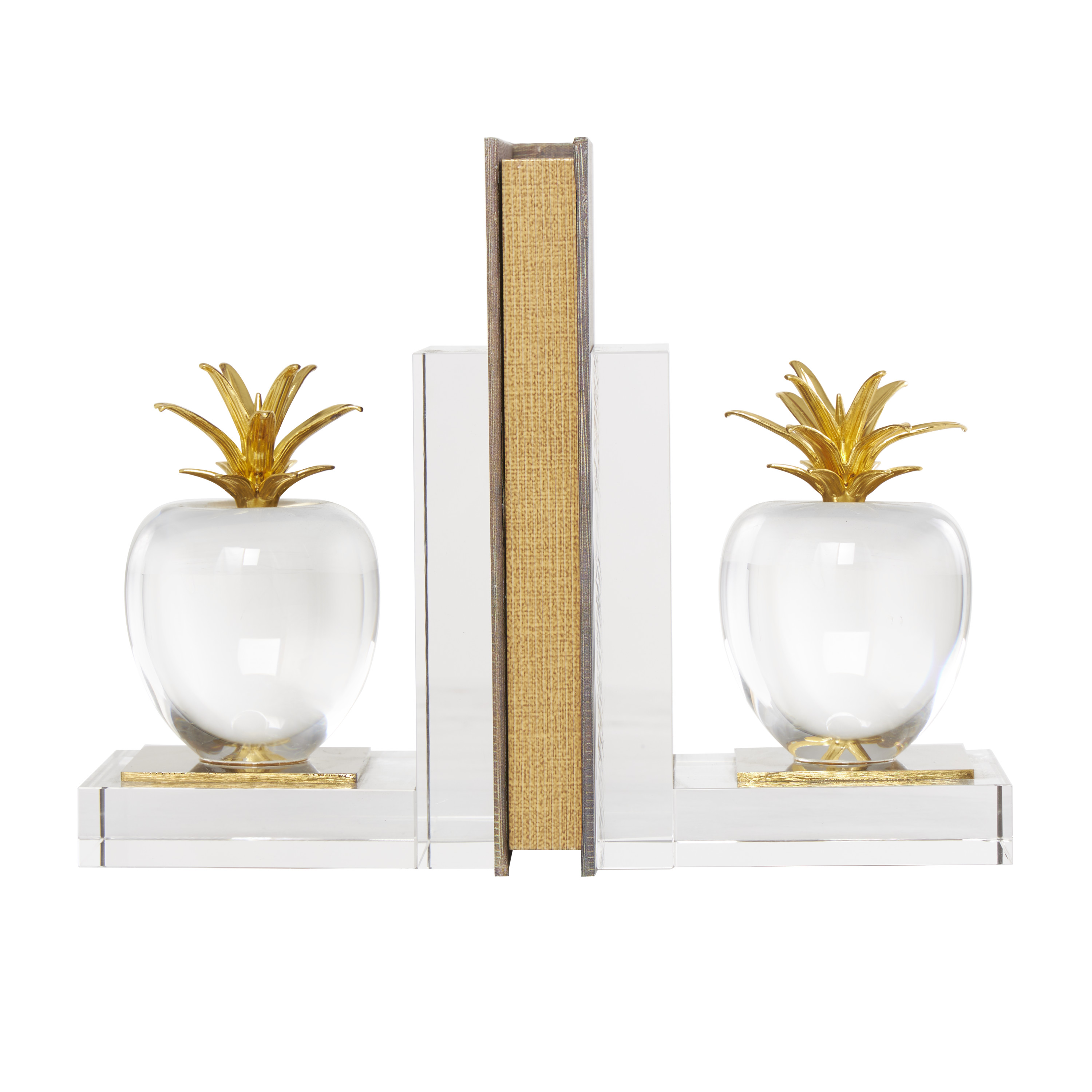 DecMode 4" Apple Fruit Clear Crystal Bookends with Gold Leaves (Set of 2)
