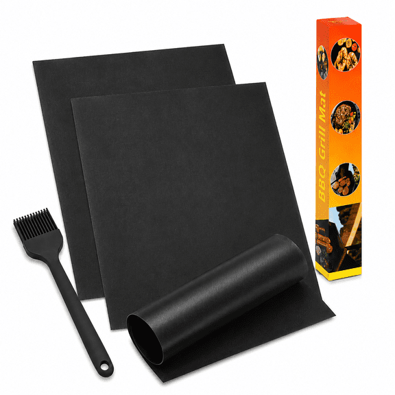 QOPR 3 Pack Grill Mats for Outdoor Grill with Silicone Brush, 15.75" x 13" Non-Stick Heat Resistant BBQ Grill Mat, Reusable BBQ Accessories