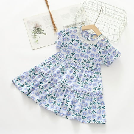 

Lovskoo Toddler Girls Short Sleeve Dress Lace Crewneck One Size Floral Print Ruffles Casual Summer Dress for 7-8 Years Light Blue