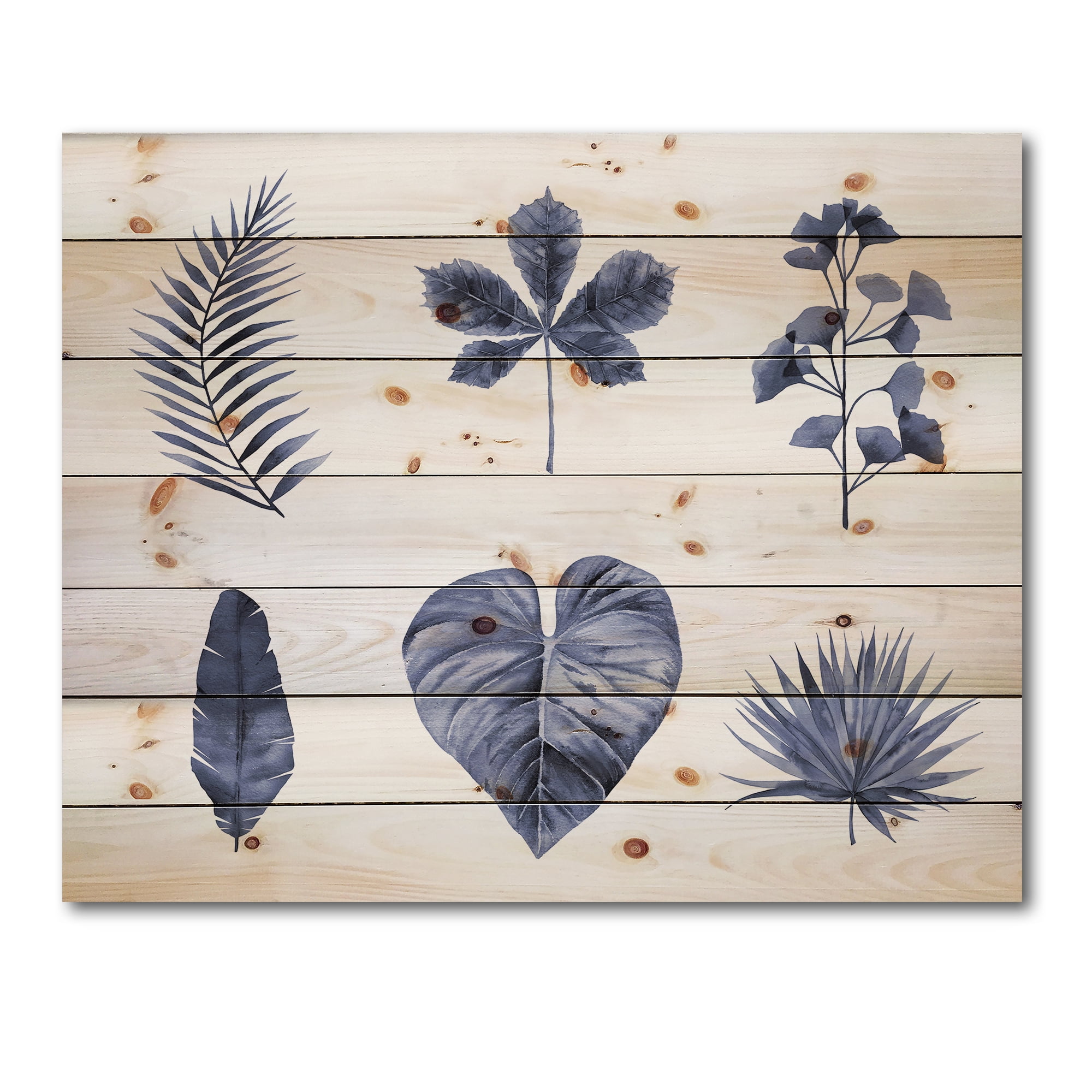 Designart 'Abstract Set Of Plant Leaves Blue' Traditional Print on Natural Pine Wood