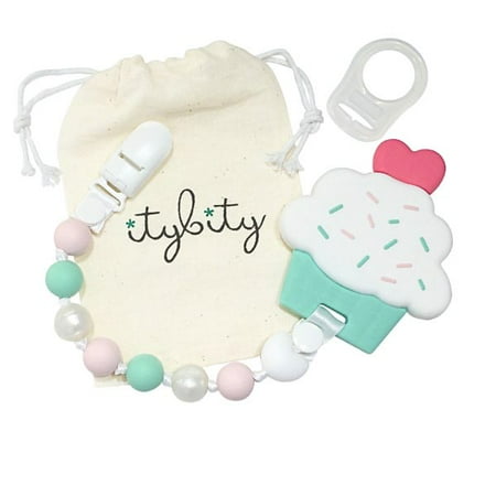 Cupcake Teething Toy with Pacifier Clip Girl, Baby Gift Set (Pink, Mint, Pearl)
